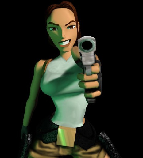 Image promotionnelle de Lara Croft tenant un pistolet.