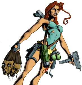Concept du personnage de Lara Croft, où ses traits sont très "masculins".