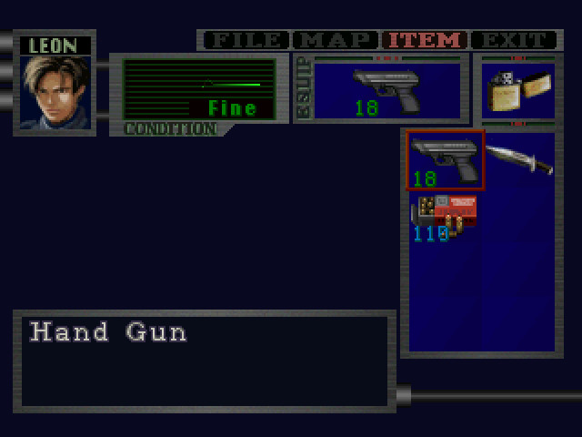 Capture d'écran de l'inventaire de Leon, personnage de Resident Evil 2.